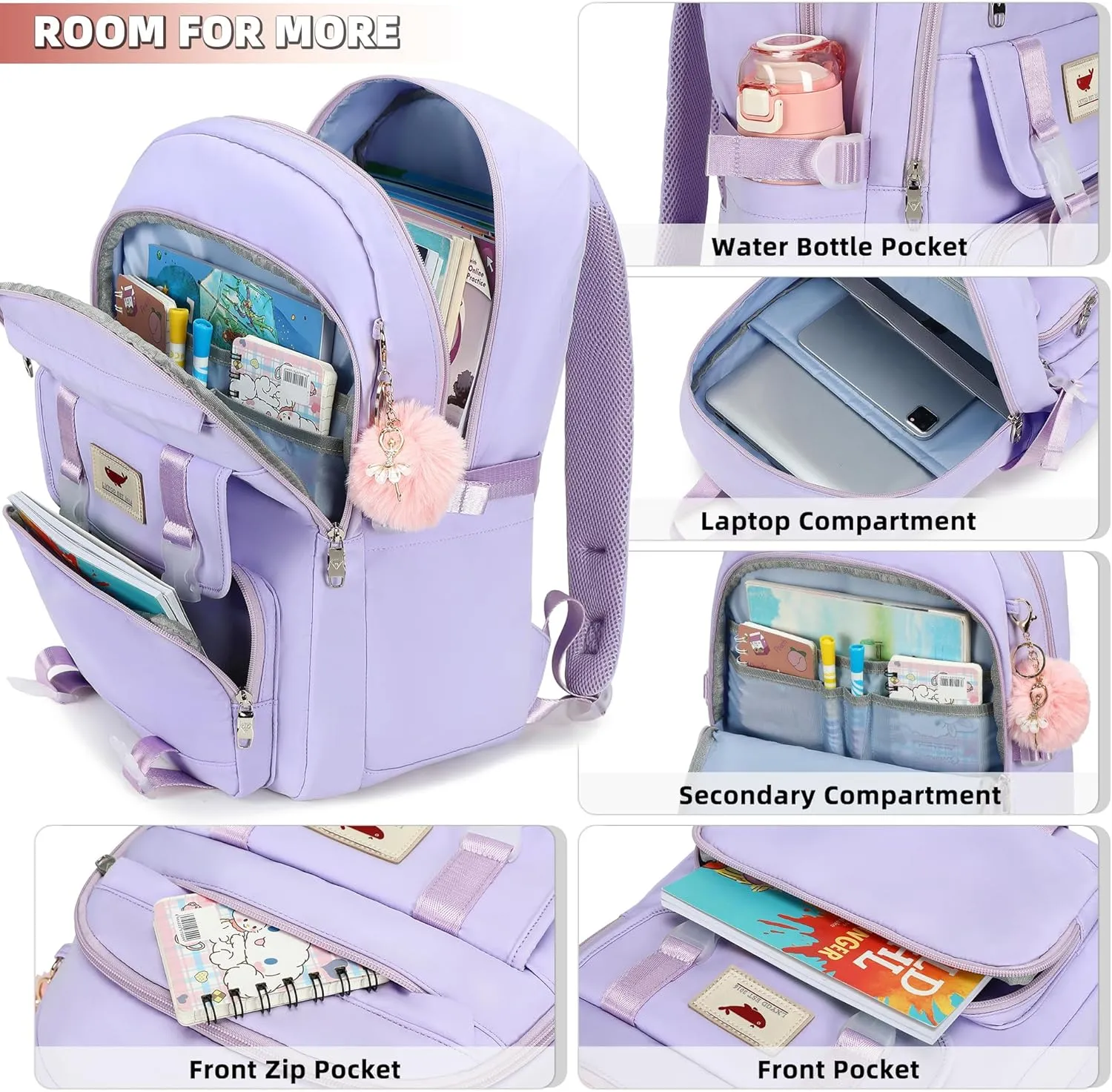 3 PCS Backpack for Teen Girls,Laptop Backpacks 15.6 Inch School Bag with Lunch Box Pencil Pouch Set for Students Aesthetic College Bookbag Travel Daypack(Purple)