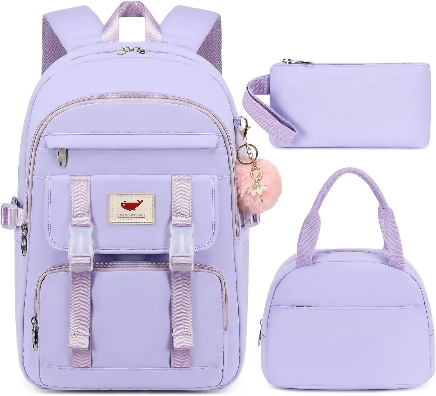 3 PCS Backpack for Teen Girls,Laptop Backpacks 15.6 Inch School Bag with Lunch Box Pencil Pouch Set for Students Aesthetic College Bookbag Travel Daypack(Purple)