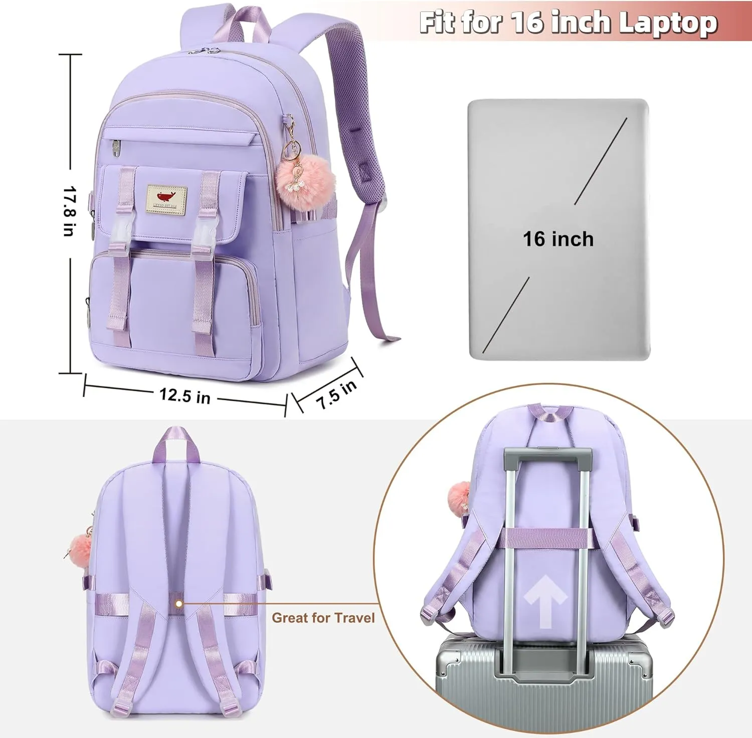 3 PCS Backpack for Teen Girls,Laptop Backpacks 15.6 Inch School Bag with Lunch Box Pencil Pouch Set for Students Aesthetic College Bookbag Travel Daypack(Purple)