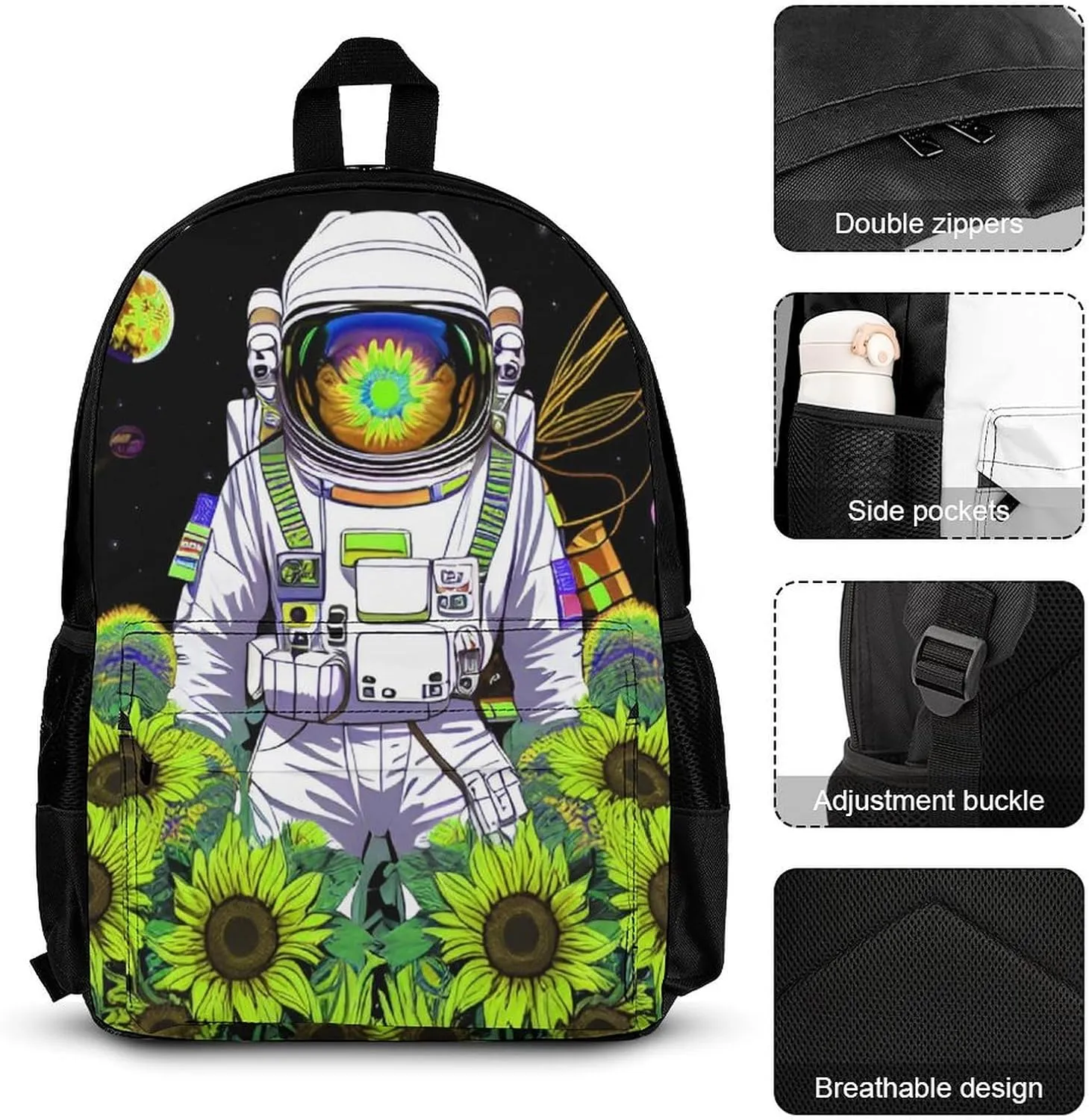 3 Piece Backpack Big Capacity Bookbag Backpack for Sports Outdoors Running - Psychedelic Space Astronaut Sunflower Snake Art, Adult, Travel Hiking Camping Rucksack