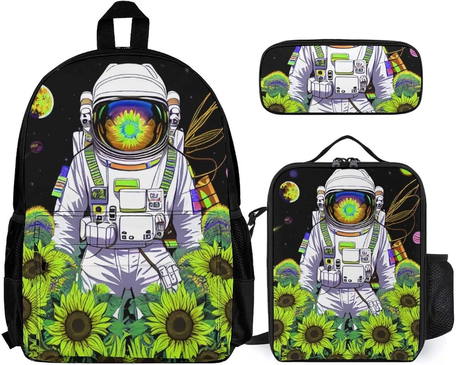 3 Piece Backpack Big Capacity Bookbag Backpack for Sports Outdoors Running - Psychedelic Space Astronaut Sunflower Snake Art, Adult, Travel Hiking Camping Rucksack