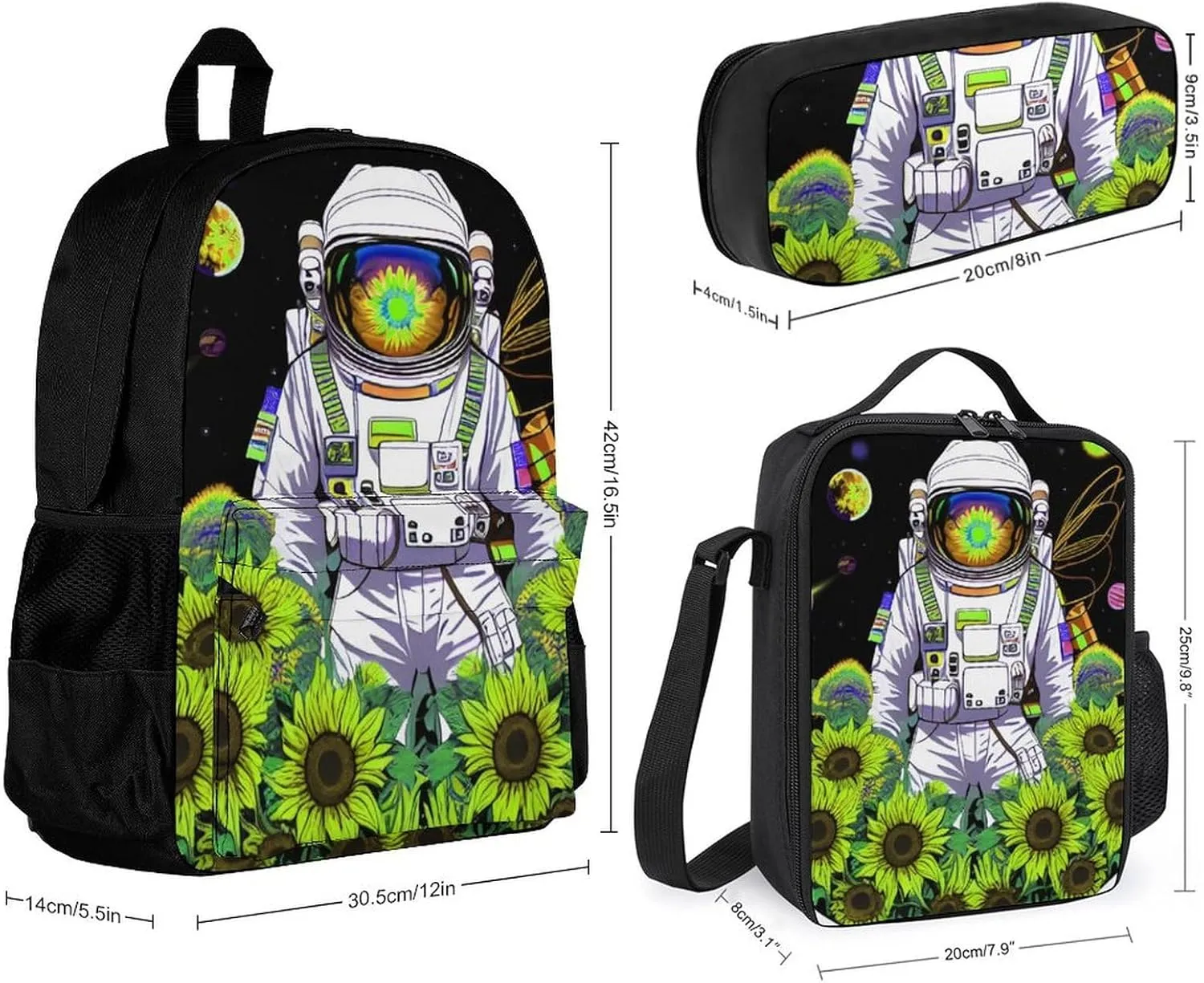 3 Piece Backpack Big Capacity Bookbag Backpack for Sports Outdoors Running - Psychedelic Space Astronaut Sunflower Snake Art, Adult, Travel Hiking Camping Rucksack