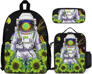 3 Piece Backpack Big Capacity Bookbag Backpack for Sports Outdoors Running - Psychedelic Space Astronaut Sunflower Snake Art, Adult, Travel Hiking Camping Rucksack
