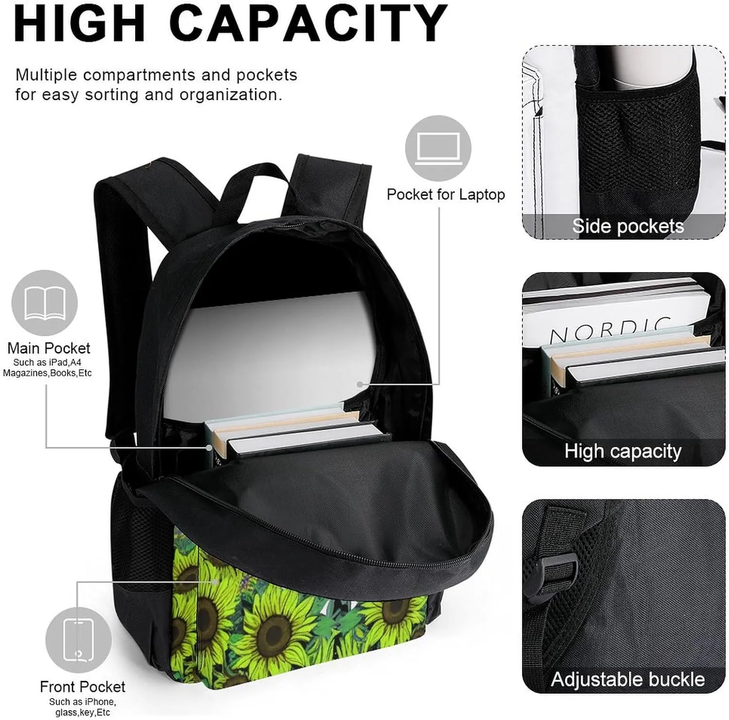 3 Piece Backpack Big Capacity Bookbag Backpack for Sports Outdoors Running - Psychedelic Space Astronaut Sunflower Snake Art, Adult, Travel Hiking Camping Rucksack