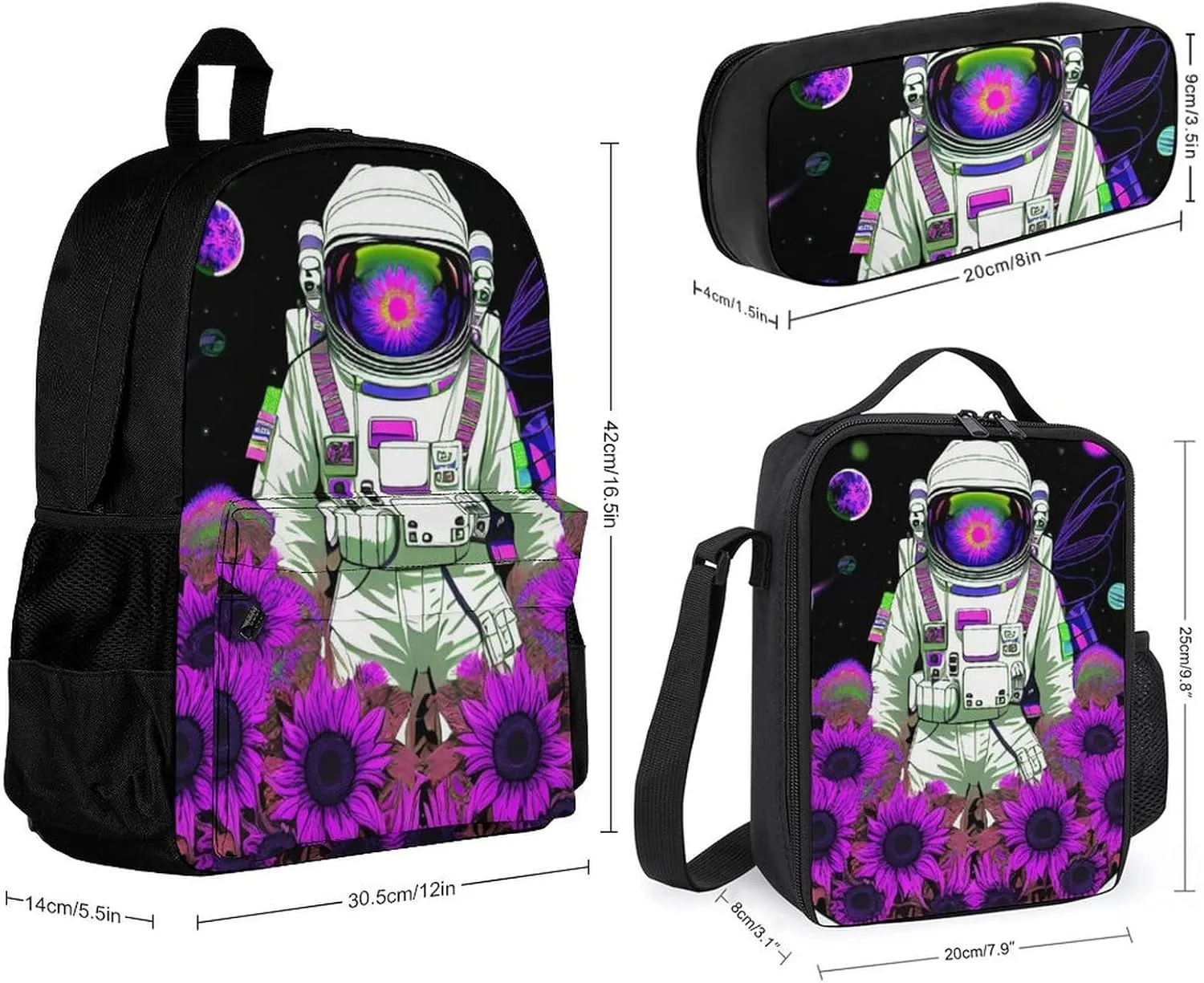 3 Piece Rucksack Large Capacity Shoulder Bag Backpack for Gym Work Bicycle - Psychedelic Space Astronaut Sunflower Snake Art, Adult, Travel Hiking Backpack