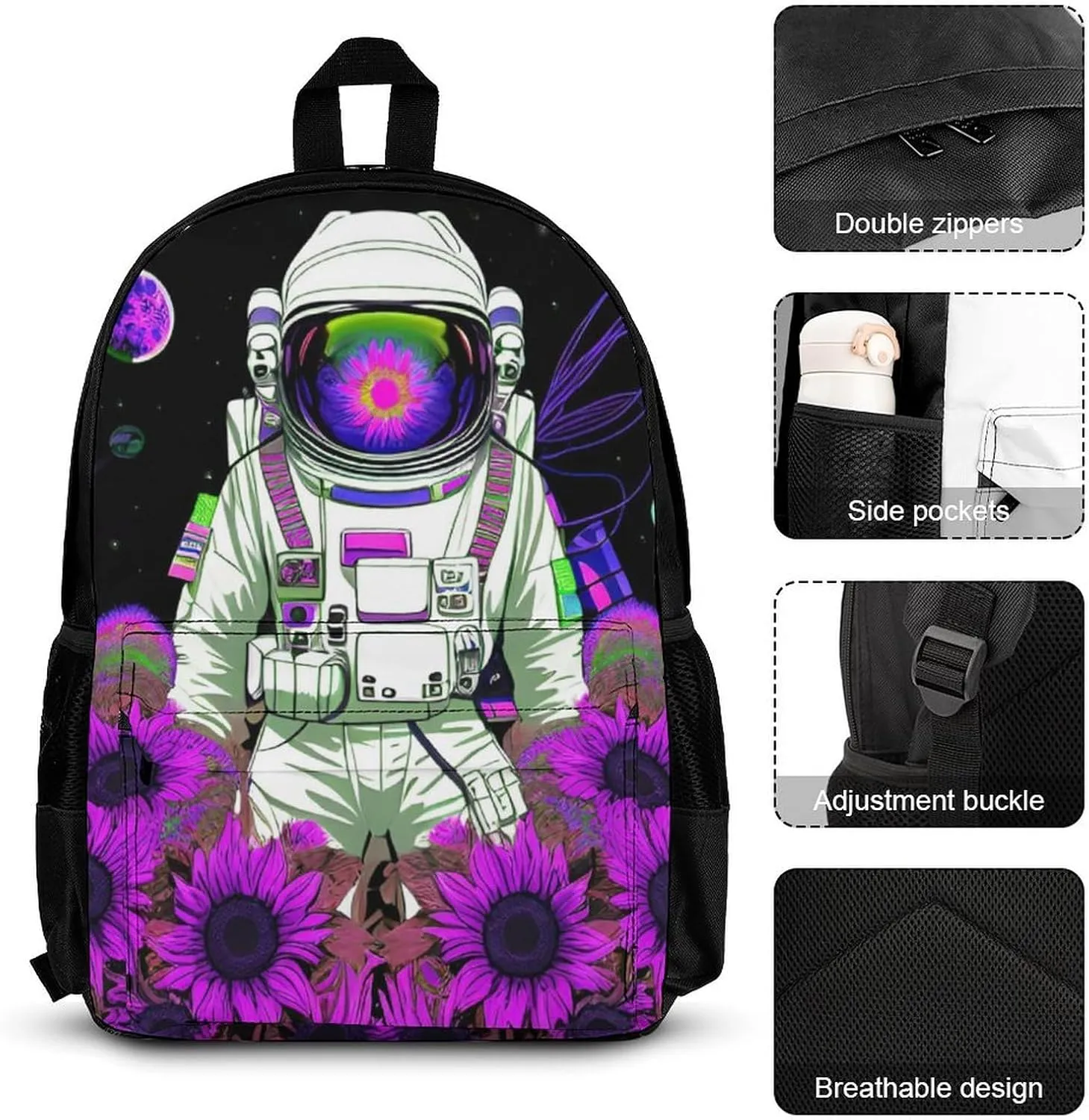 3 Piece Rucksack Large Capacity Shoulder Bag Backpack for Gym Work Bicycle - Psychedelic Space Astronaut Sunflower Snake Art, Adult, Travel Hiking Backpack