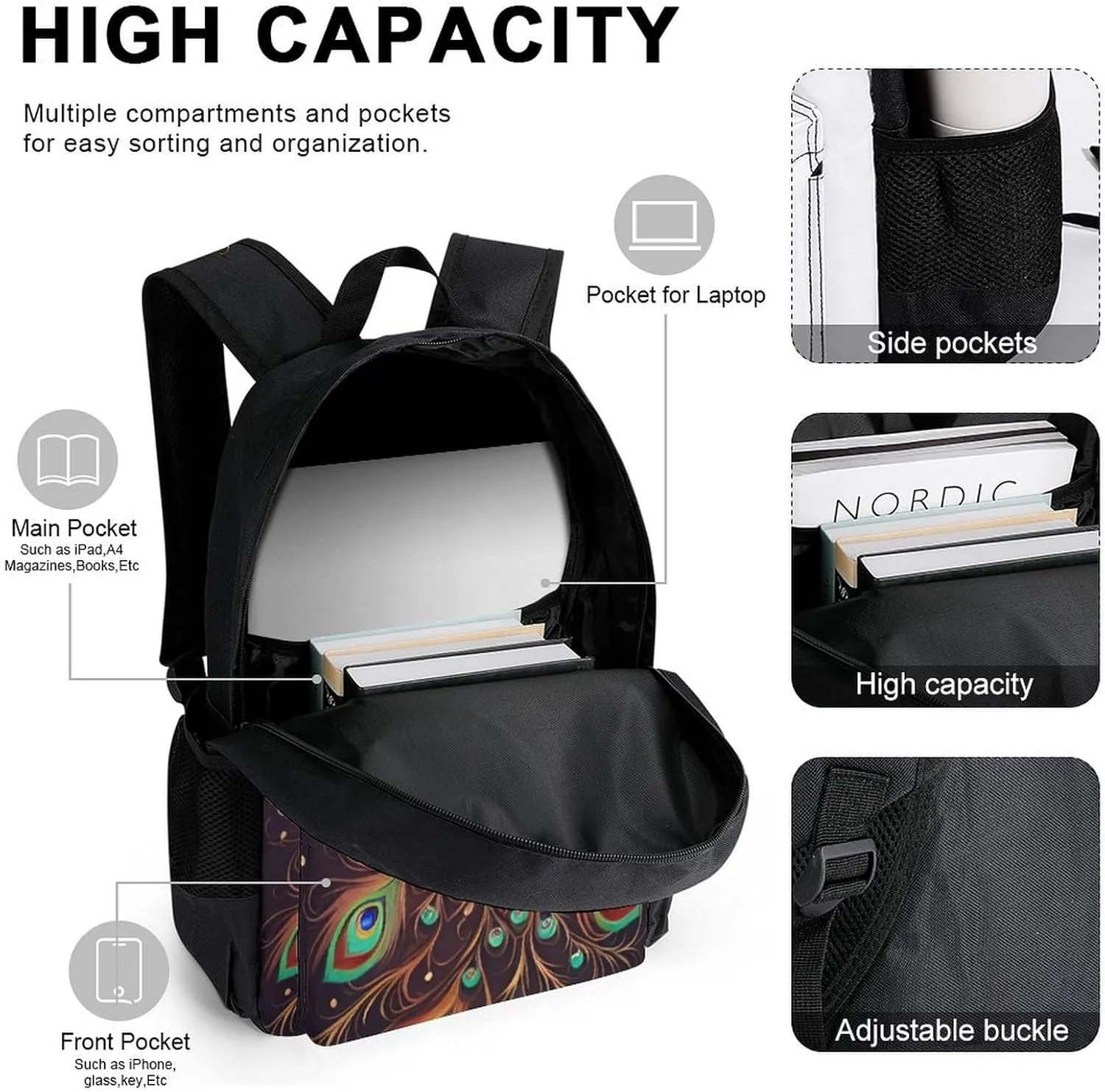 3 Piece Rucksack Sets, Peacock Animal Oil Painting Shoulder Bag Lunch Bag Pencil Case, College Bookbag, Travel Hiking Backpack Computer Bag, One Size