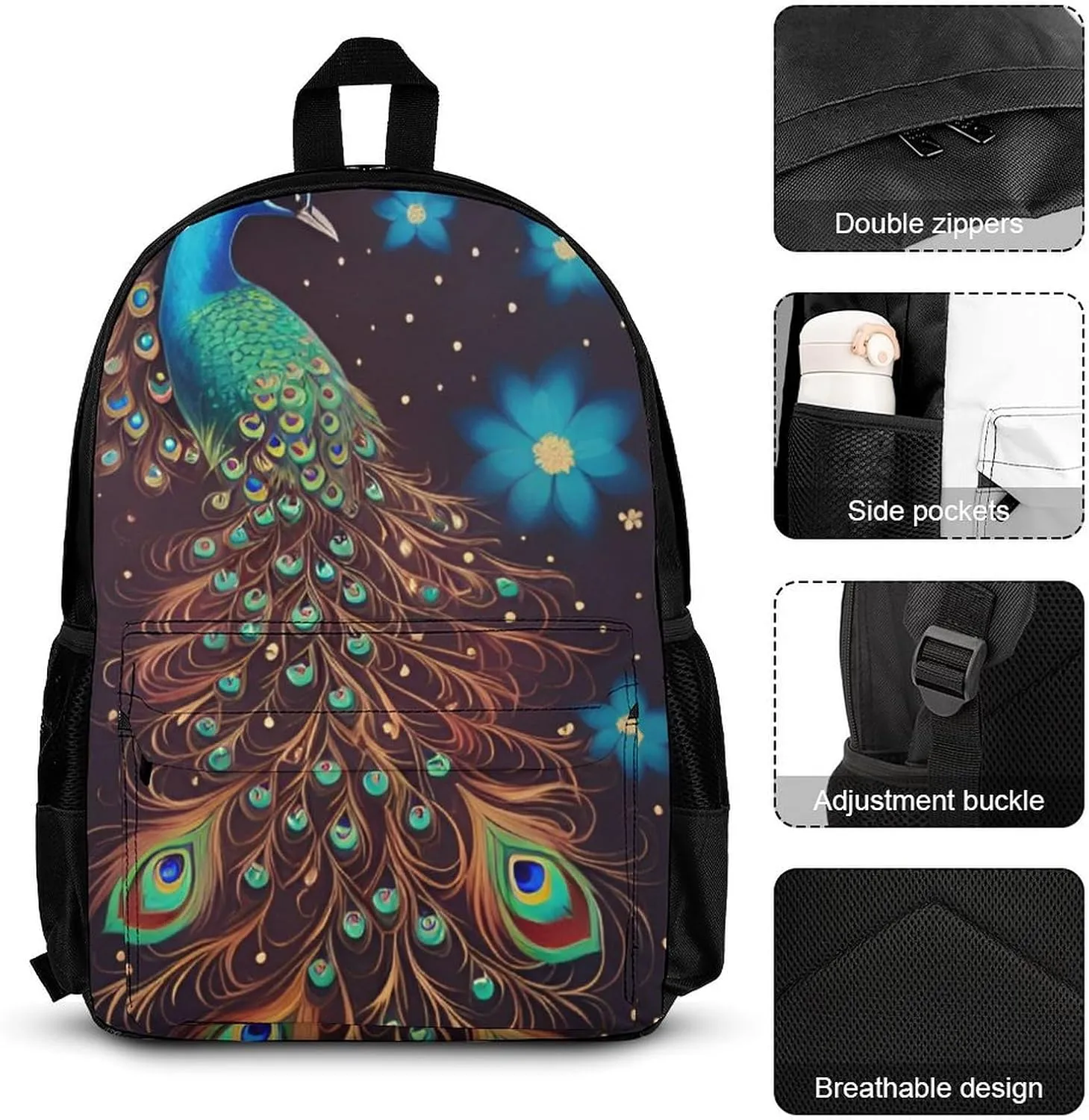 3 Piece Rucksack Sets, Peacock Animal Oil Painting Shoulder Bag Lunch Bag Pencil Case, College Bookbag, Travel Hiking Backpack Computer Bag, One Size