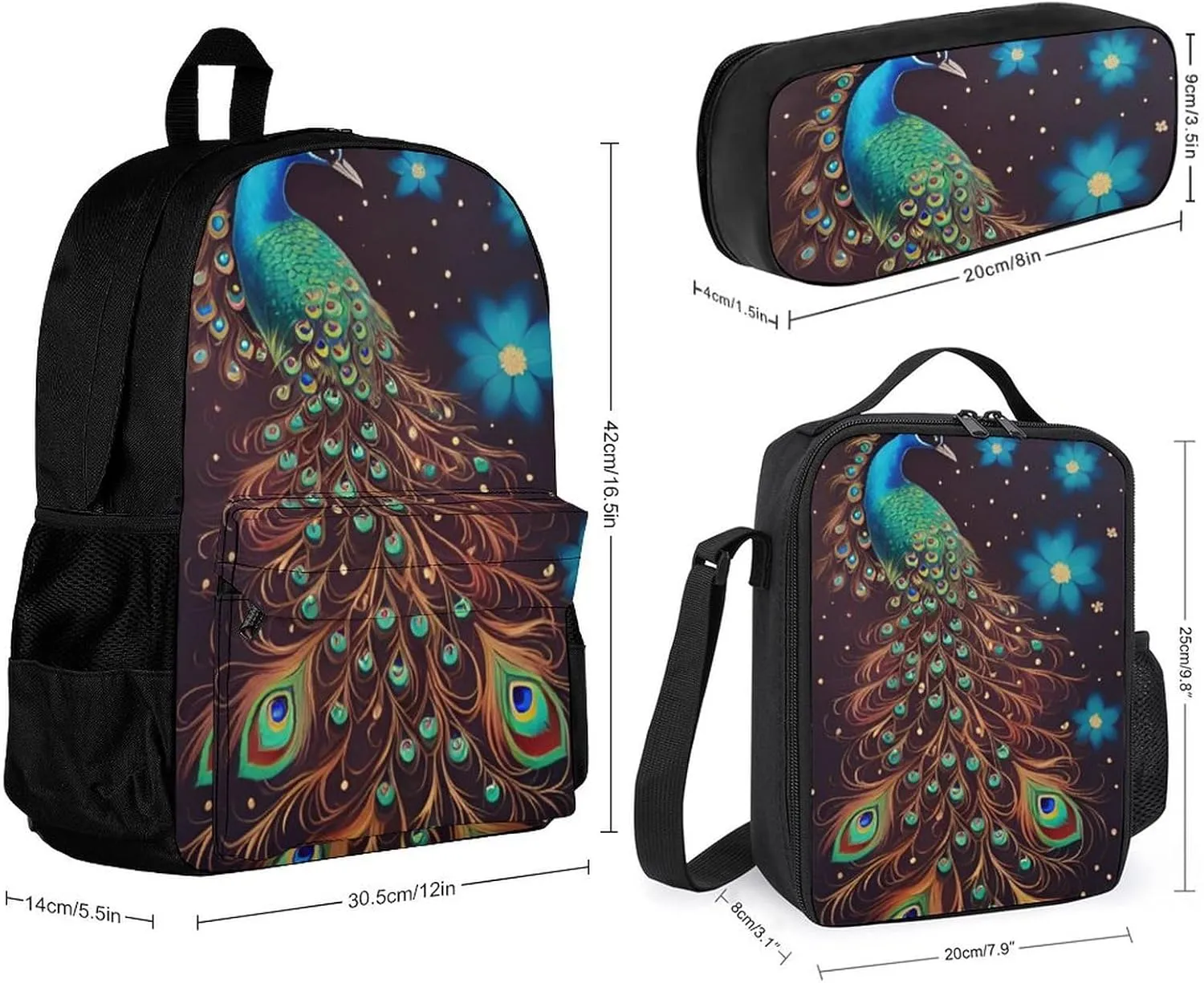 3 Piece Rucksack Sets, Peacock Animal Oil Painting Shoulder Bag Lunch Bag Pencil Case, College Bookbag, Travel Hiking Backpack Computer Bag, One Size