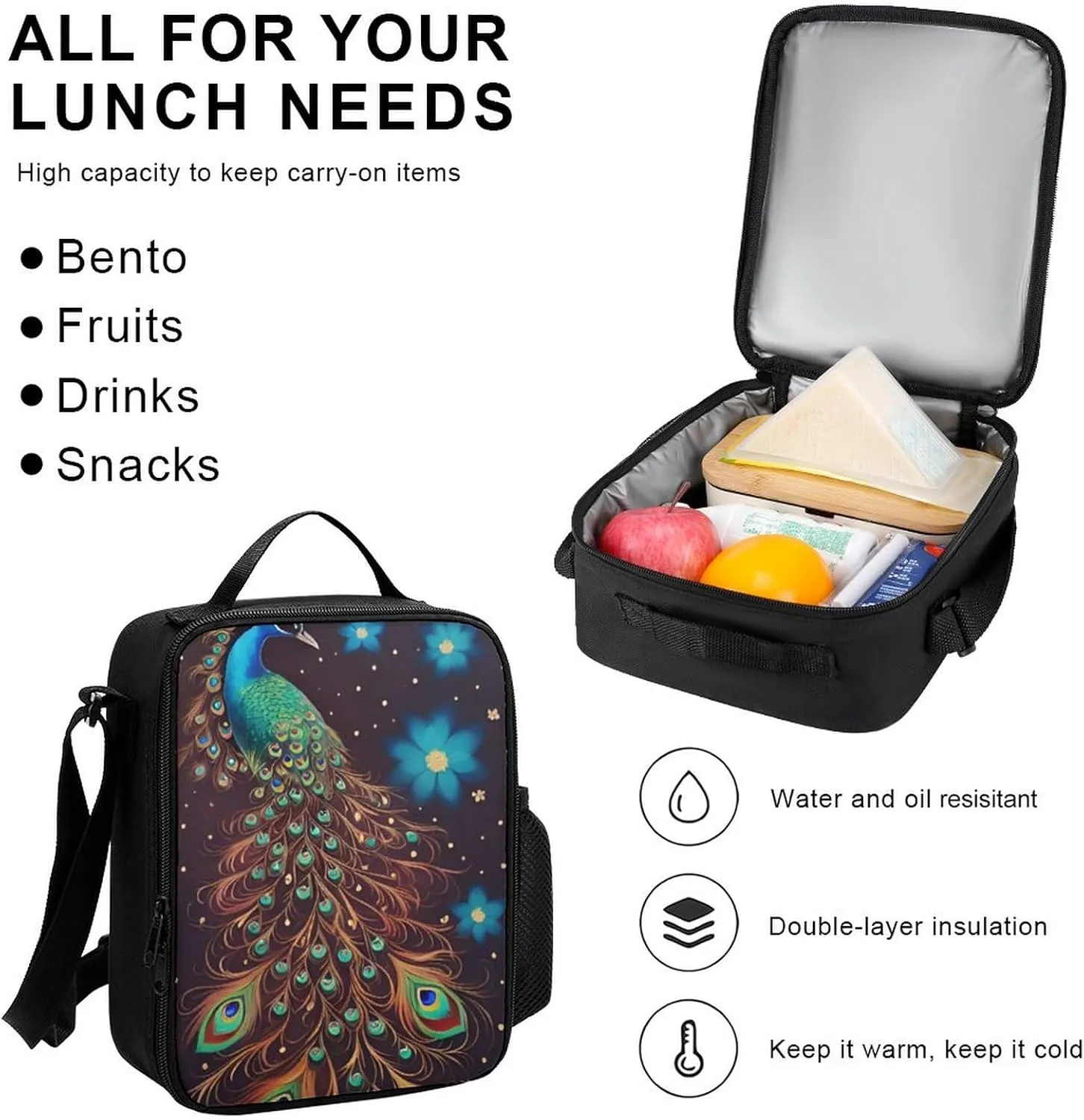3 Piece Rucksack Sets, Peacock Animal Oil Painting Shoulder Bag Lunch Bag Pencil Case, College Bookbag, Travel Hiking Backpack Computer Bag, One Size