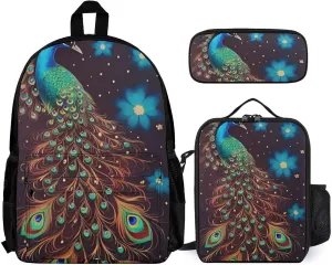 3 Piece Rucksack Sets, Peacock Animal Oil Painting Shoulder Bag Lunch Bag Pencil Case, College Bookbag, Travel Hiking Backpack Computer Bag, One Size
