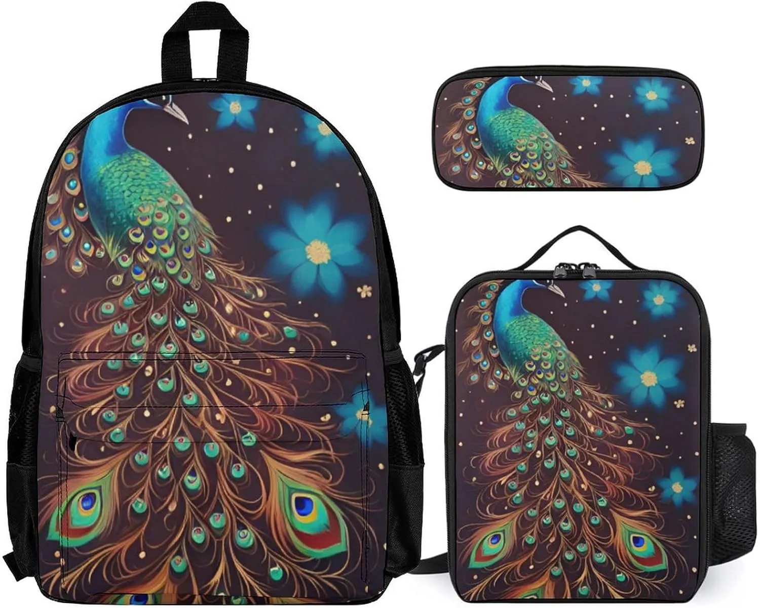 3 Piece Rucksack Sets, Peacock Animal Oil Painting Shoulder Bag Lunch Bag Pencil Case, College Bookbag, Travel Hiking Backpack Computer Bag, One Size