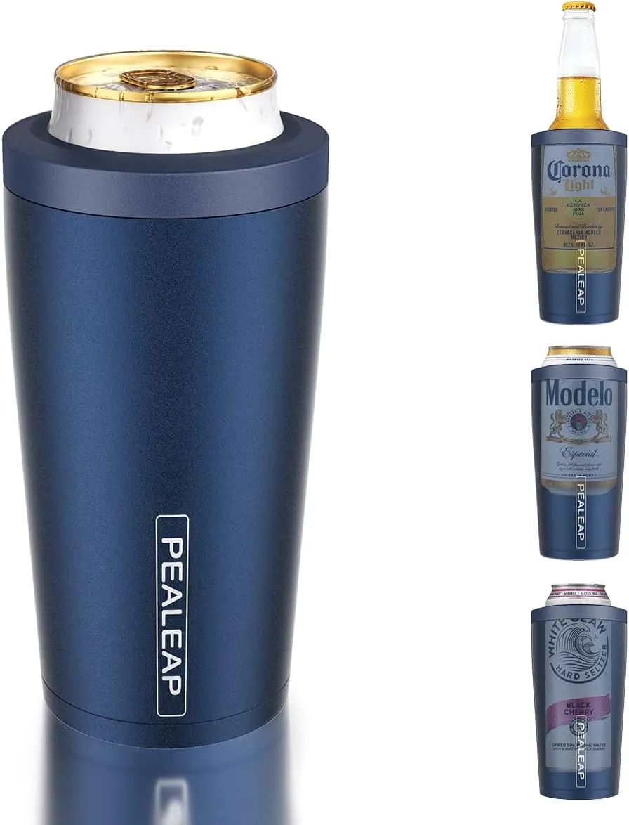 4 in 1 Insulated Slim Can Cooler for 12 OZ Cans and Beer Bottle - Keep 8 Hours Cold, Easy to Hold - Stainless Steel Can Holder, Double Walled Can Insulator for Hard Seltzer and More (Navy Blue)