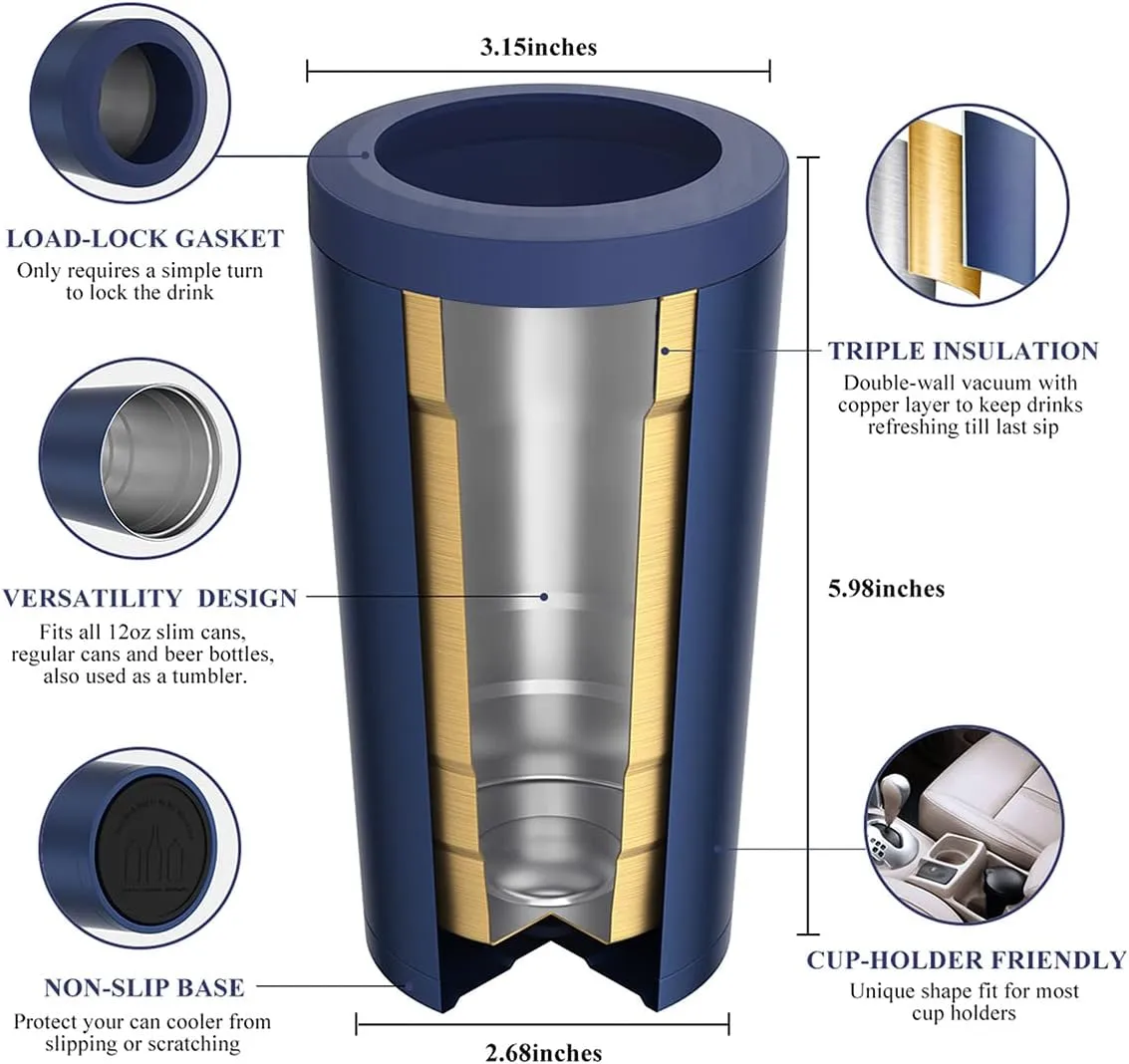 4 in 1 Insulated Slim Can Cooler for 12 OZ Cans and Beer Bottle - Keep 8 Hours Cold, Easy to Hold - Stainless Steel Can Holder, Double Walled Can Insulator for Hard Seltzer and More (Navy Blue)