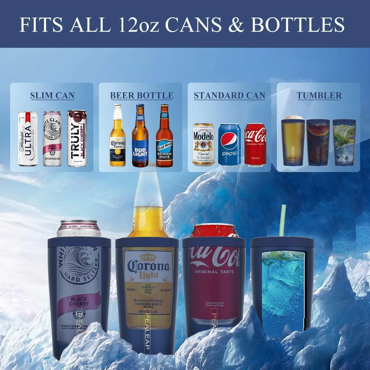 4 in 1 Insulated Slim Can Cooler for 12 OZ Cans and Beer Bottle - Keep 8 Hours Cold, Easy to Hold - Stainless Steel Can Holder, Double Walled Can Insulator for Hard Seltzer and More (Navy Blue)