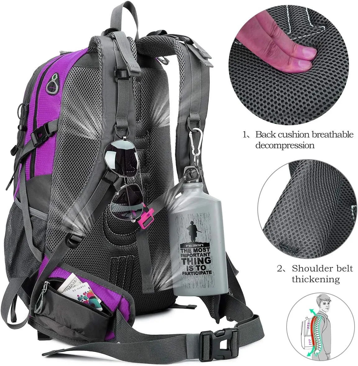 40L Waterproof Lightweight Outdoor Daypack Hiking,Camping,Travel Backpack for Women Men Purple