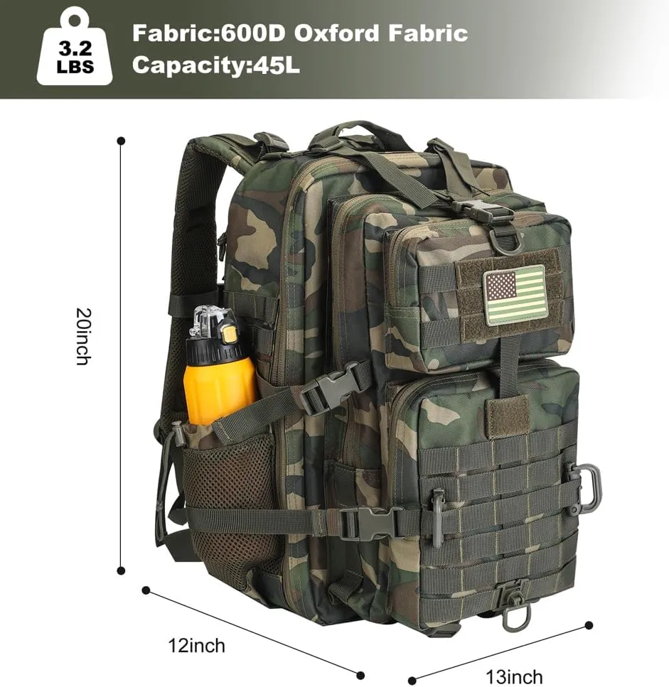 45L MOLLE Assault Backpack, Tactical Backpack Military Army Camping Rucksack with Bottle Holder, 3-Day Pack Trip w/USA Flag Patch, D-Rings, US Woodland