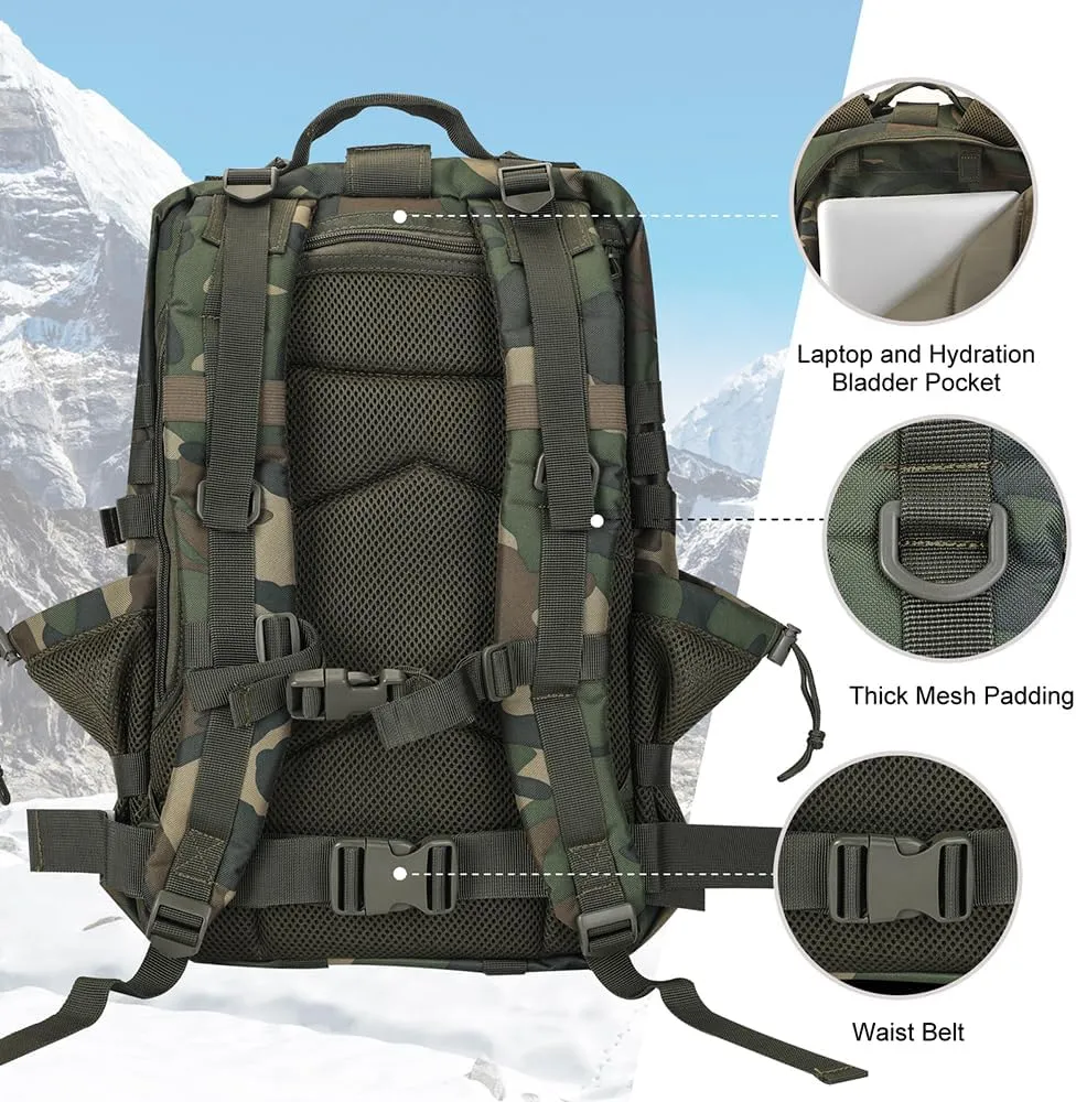 45L MOLLE Assault Backpack, Tactical Backpack Military Army Camping Rucksack with Bottle Holder, 3-Day Pack Trip w/USA Flag Patch, D-Rings, US Woodland