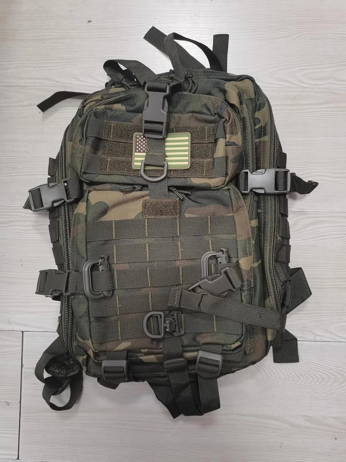 45L MOLLE Assault Backpack, Tactical Backpack Military Army Camping Rucksack with Bottle Holder, 3-Day Pack Trip w/USA Flag Patch, D-Rings, US Woodland