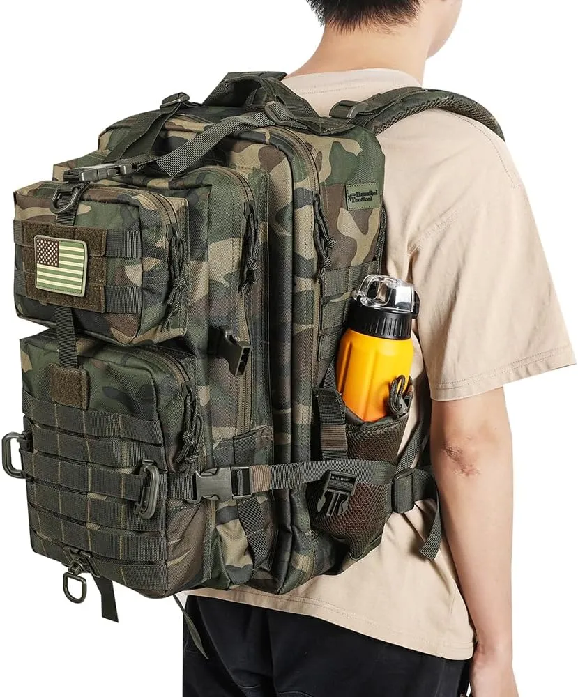 45L MOLLE Assault Backpack, Tactical Backpack Military Army Camping Rucksack with Bottle Holder, 3-Day Pack Trip w/USA Flag Patch, D-Rings, US Woodland