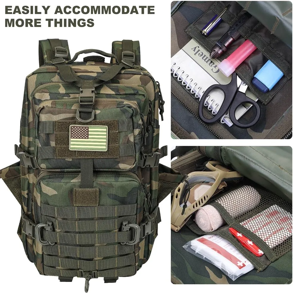 45L MOLLE Assault Backpack, Tactical Backpack Military Army Camping Rucksack with Bottle Holder, 3-Day Pack Trip w/USA Flag Patch, D-Rings, US Woodland