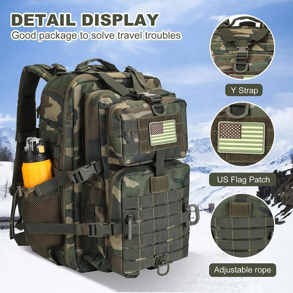 45L MOLLE Assault Backpack, Tactical Backpack Military Army Camping Rucksack with Bottle Holder, 3-Day Pack Trip w/USA Flag Patch, D-Rings, US Woodland