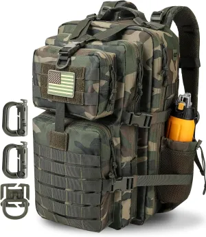 45L MOLLE Assault Backpack, Tactical Backpack Military Army Camping Rucksack with Bottle Holder, 3-Day Pack Trip w/USA Flag Patch, D-Rings, US Woodland