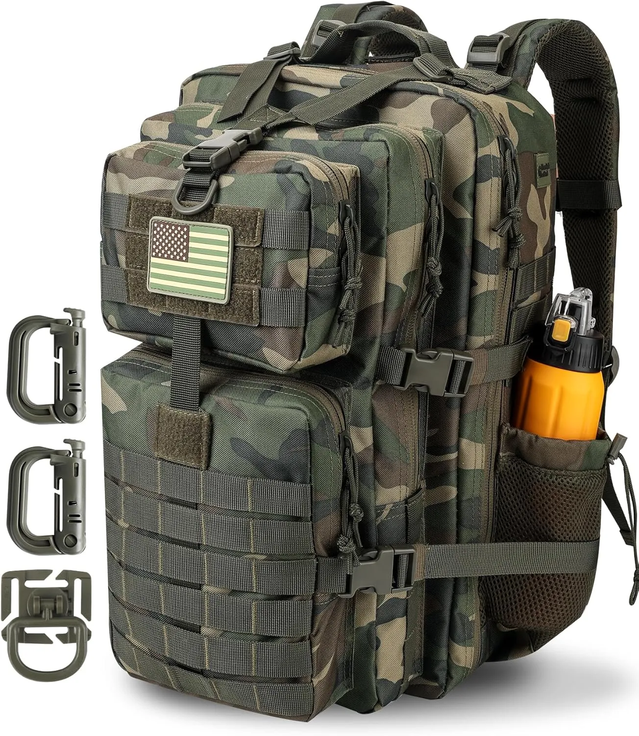45L MOLLE Assault Backpack, Tactical Backpack Military Army Camping Rucksack with Bottle Holder, 3-Day Pack Trip w/USA Flag Patch, D-Rings, US Woodland