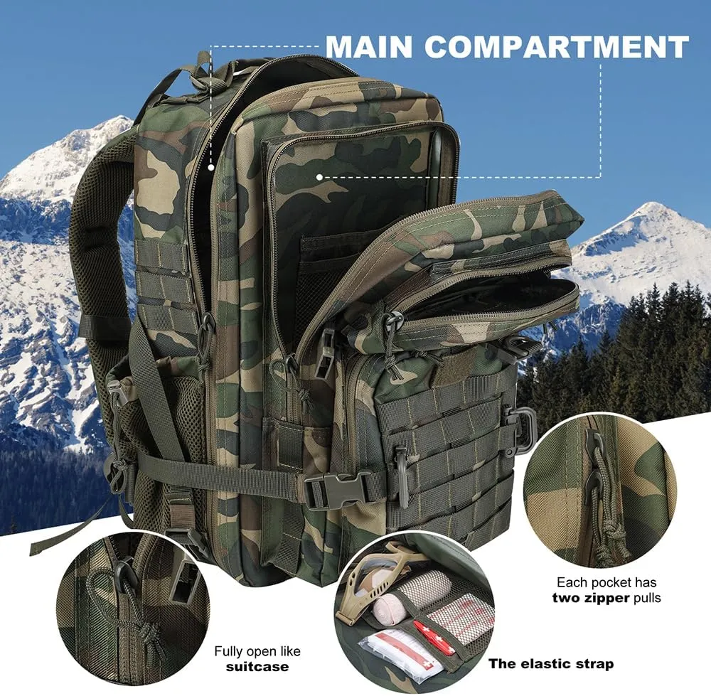 45L MOLLE Assault Backpack, Tactical Backpack Military Army Camping Rucksack with Bottle Holder, 3-Day Pack Trip w/USA Flag Patch, D-Rings, US Woodland