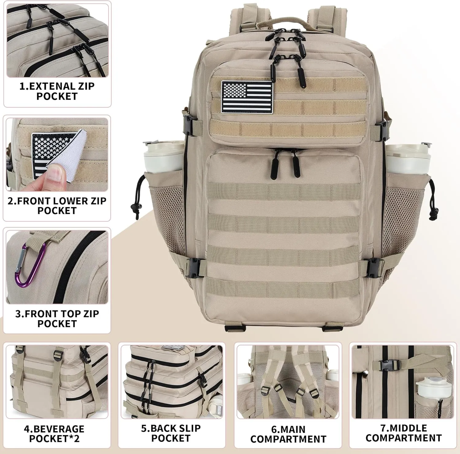 45L Tactical Assault Backpack 3 day assault pack with Molle Waterproof backpack Rucksack for Tactical Backpacks (Light Khaki)