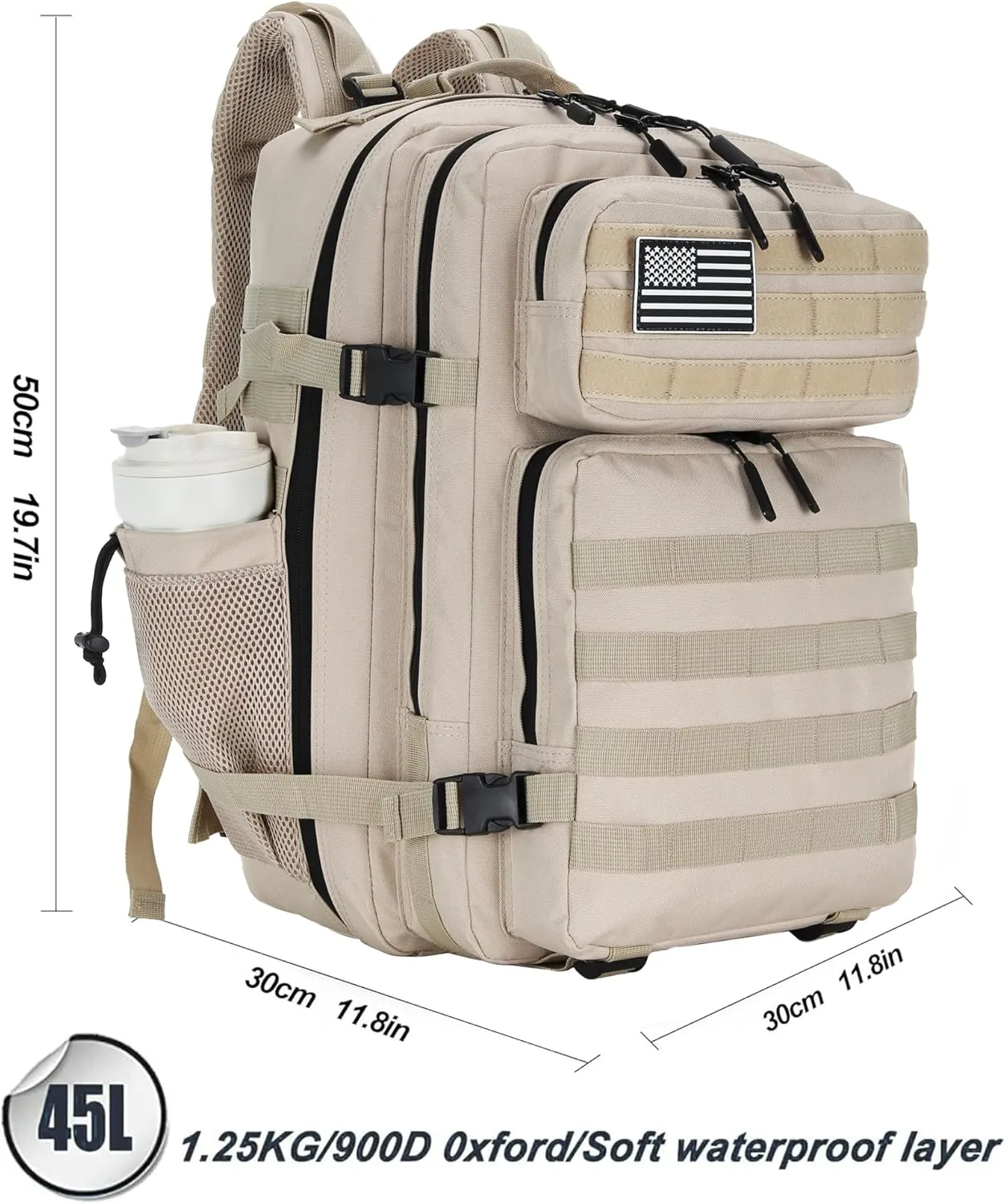 45L Tactical Assault Backpack 3 day assault pack with Molle Waterproof backpack Rucksack for Tactical Backpacks (Light Khaki)