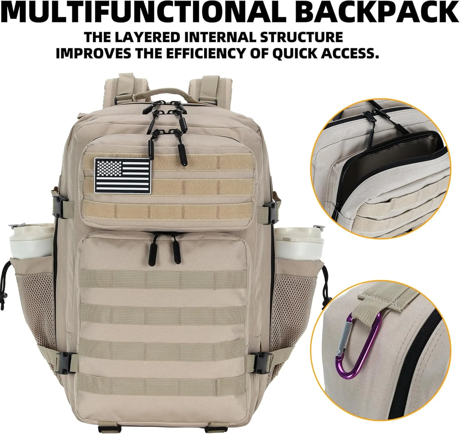 45L Tactical Assault Backpack 3 day assault pack with Molle Waterproof backpack Rucksack for Tactical Backpacks (Light Khaki)