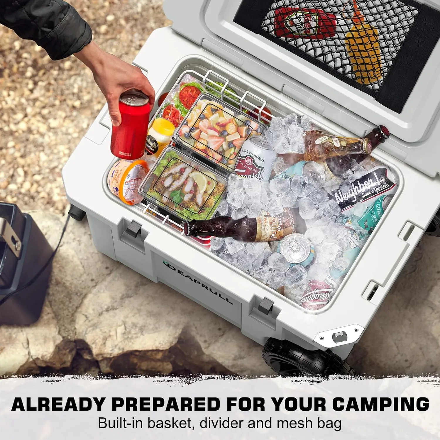 55 Quart Cooler with Wheels, Ice Chests Portable Camping Cooler Holds Ice up to 6 Days, Leak-Proof Outdoor Insulated Cooler with Handle, Cup Holders, Hard Cooler for Camping, Beach, Boat