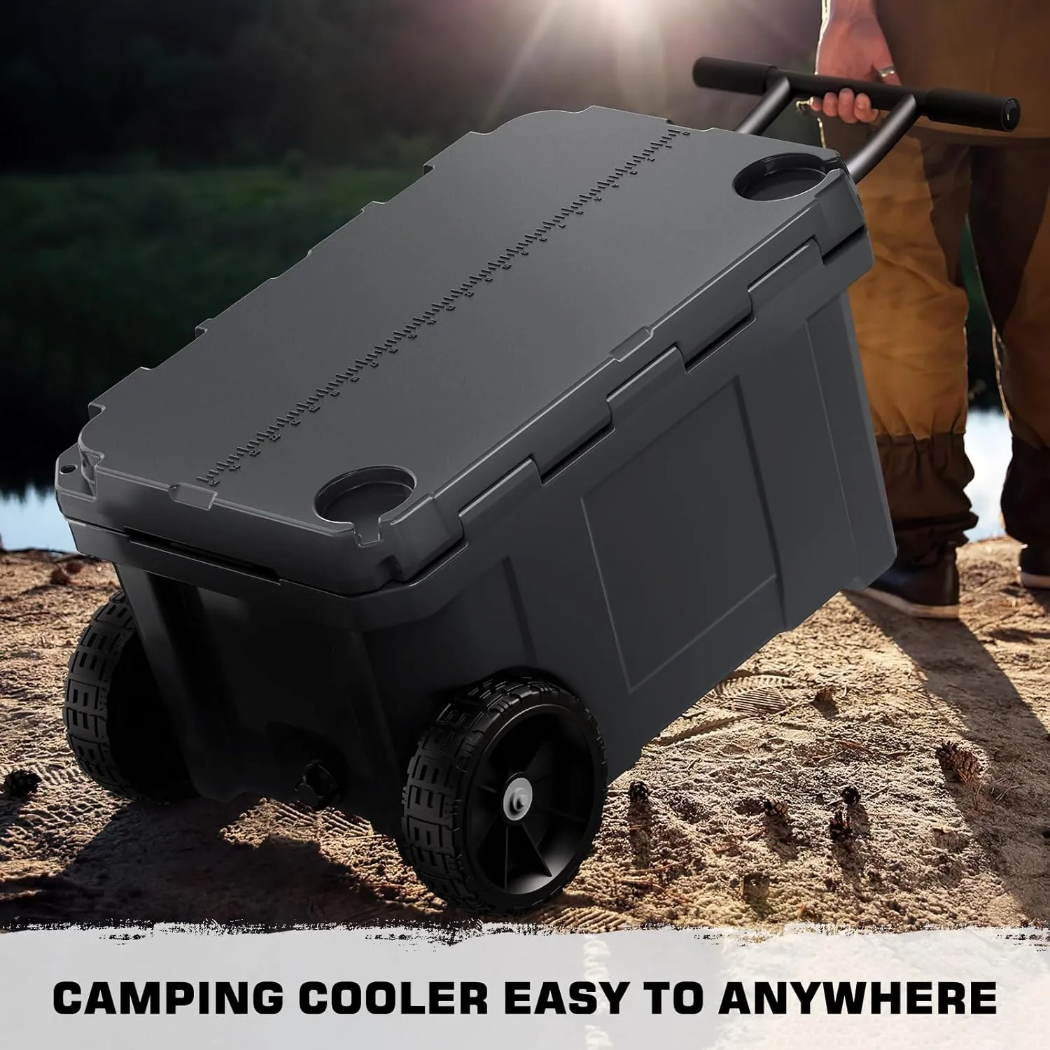 55 Quart Cooler with Wheels, Ice Chests Portable Camping Cooler Holds Ice up to 6 Days, Leak-Proof Outdoor Insulated Cooler with Handle, Cup Holders, Hard Cooler for Camping, Beach, Boat