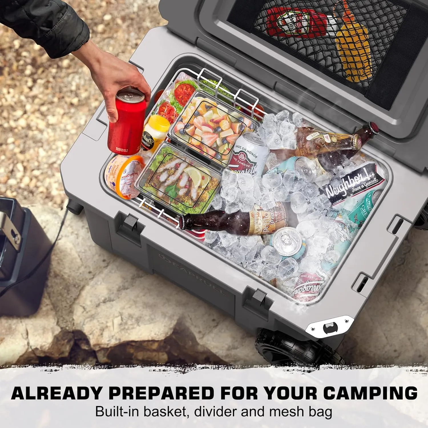 55 Quart Cooler with Wheels, Ice Chests Portable Camping Cooler Holds Ice up to 6 Days, Leak-Proof Outdoor Insulated Cooler with Handle, Cup Holders, Hard Cooler for Camping, Beach, Boat