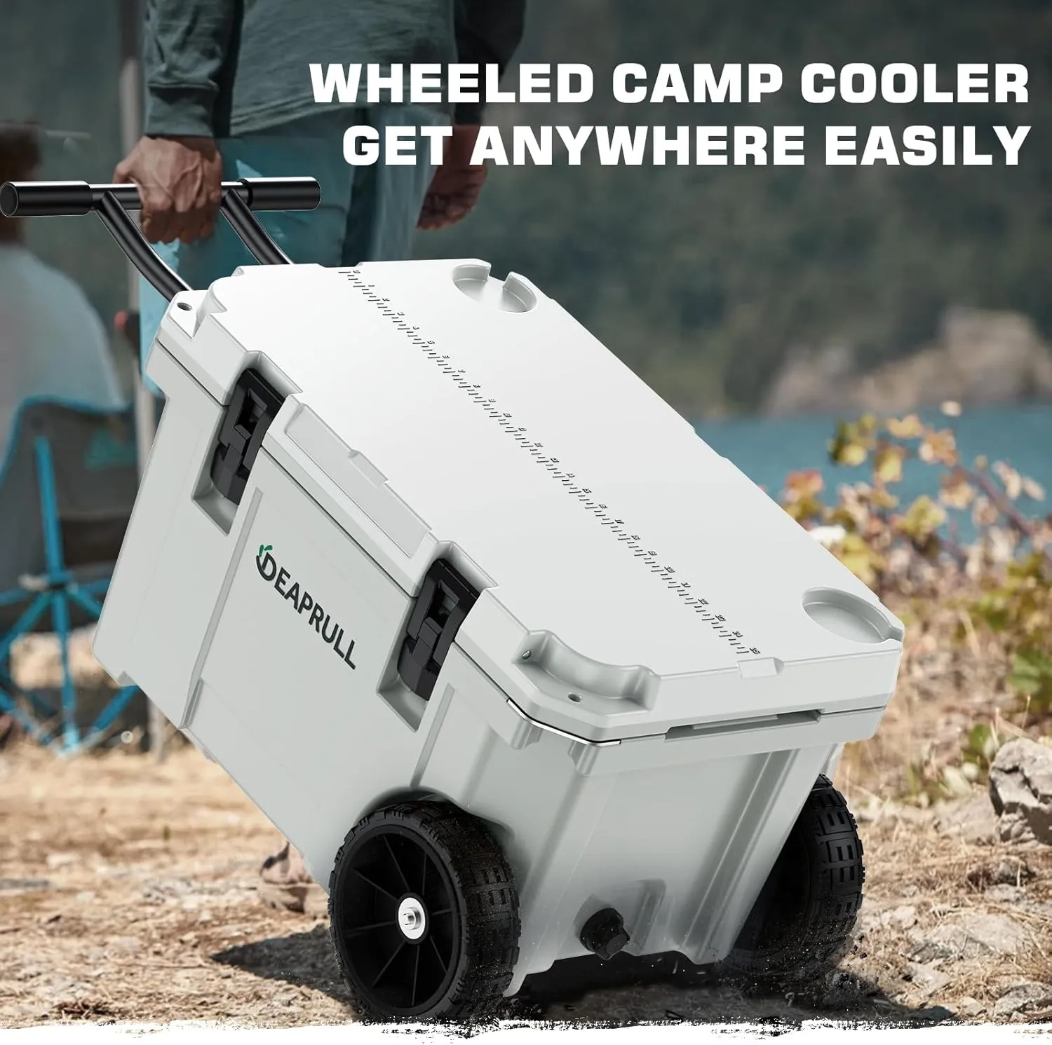 55 Quart Cooler with Wheels, Ice Chests Portable Camping Cooler Holds Ice up to 6 Days, Leak-Proof Outdoor Insulated Cooler with Handle, Cup Holders, Hard Cooler for Camping, Beach, Boat