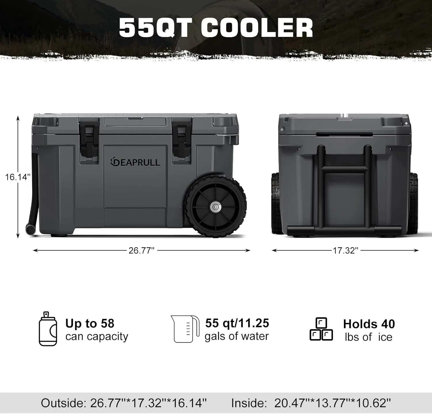 55 Quart Cooler with Wheels, Ice Chests Portable Camping Cooler Holds Ice up to 6 Days, Leak-Proof Outdoor Insulated Cooler with Handle, Cup Holders, Hard Cooler for Camping, Beach, Boat