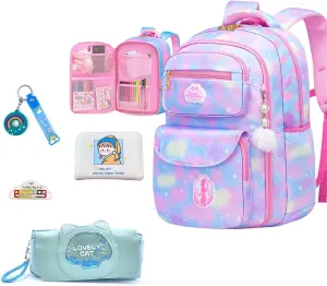 5Pcs Blue Kids School Backpack for Girls Laptop Bag Shoulders Bookbag Schoolbag for Students Teen Kids Daypacks Casual Travel Bag (Blue)