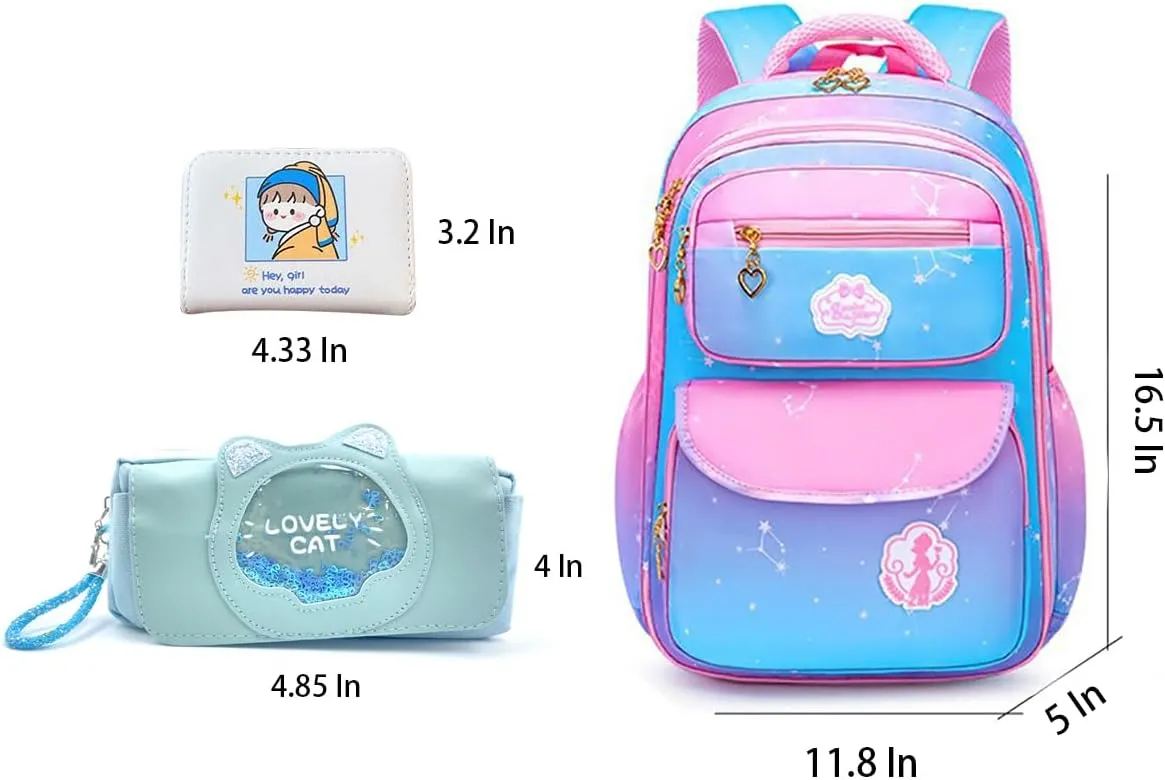 5Pcs Blue Kids School Backpack for Girls Laptop Bag Shoulders Bookbag Schoolbag for Students Teen Kids Daypacks Casual Travel Bag (Blue)