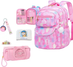 5Pcs Pink Backpack for Girls - Kids School Bag Laptop Bag Shoulders Bookbag Schoolbag for Students Teen Kids Daypacks Casual Travel Bag (Pink)