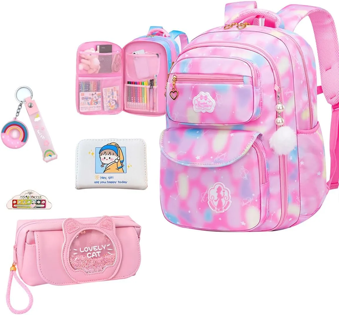 5Pcs Pink Backpack for Girls - Kids School Bag Laptop Bag Shoulders Bookbag Schoolbag for Students Teen Kids Daypacks Casual Travel Bag (Pink)