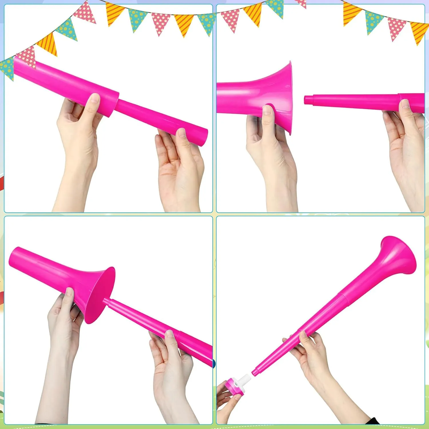 6 Pcs Stadium Horn 21 Inch Vuvuzela Plastic Collapsible Cheering Trumpets for Sporting Events Football Carnival Party Supplies, Pink