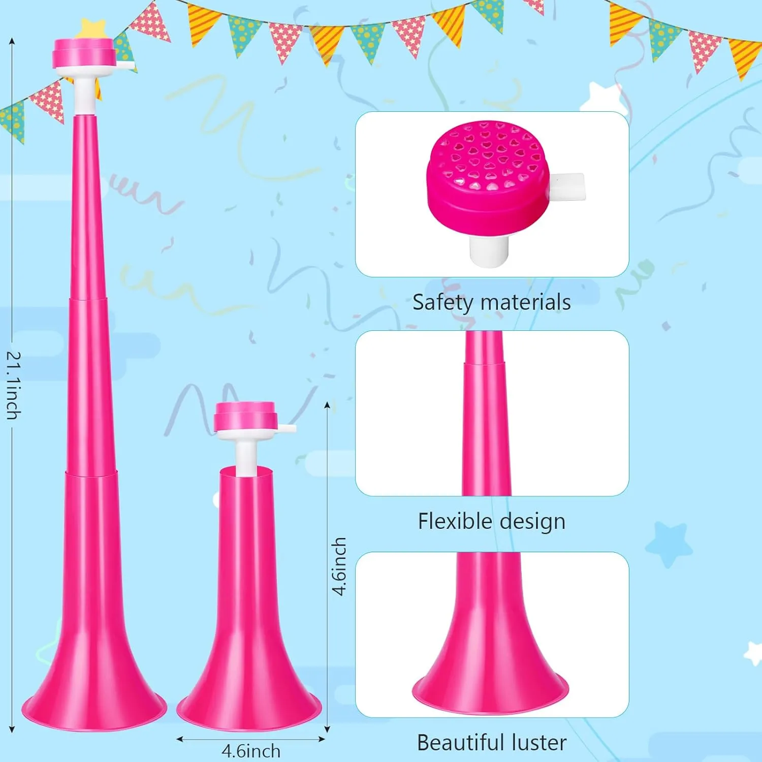 6 Pcs Stadium Horn 21 Inch Vuvuzela Plastic Collapsible Cheering Trumpets for Sporting Events Football Carnival Party Supplies, Pink