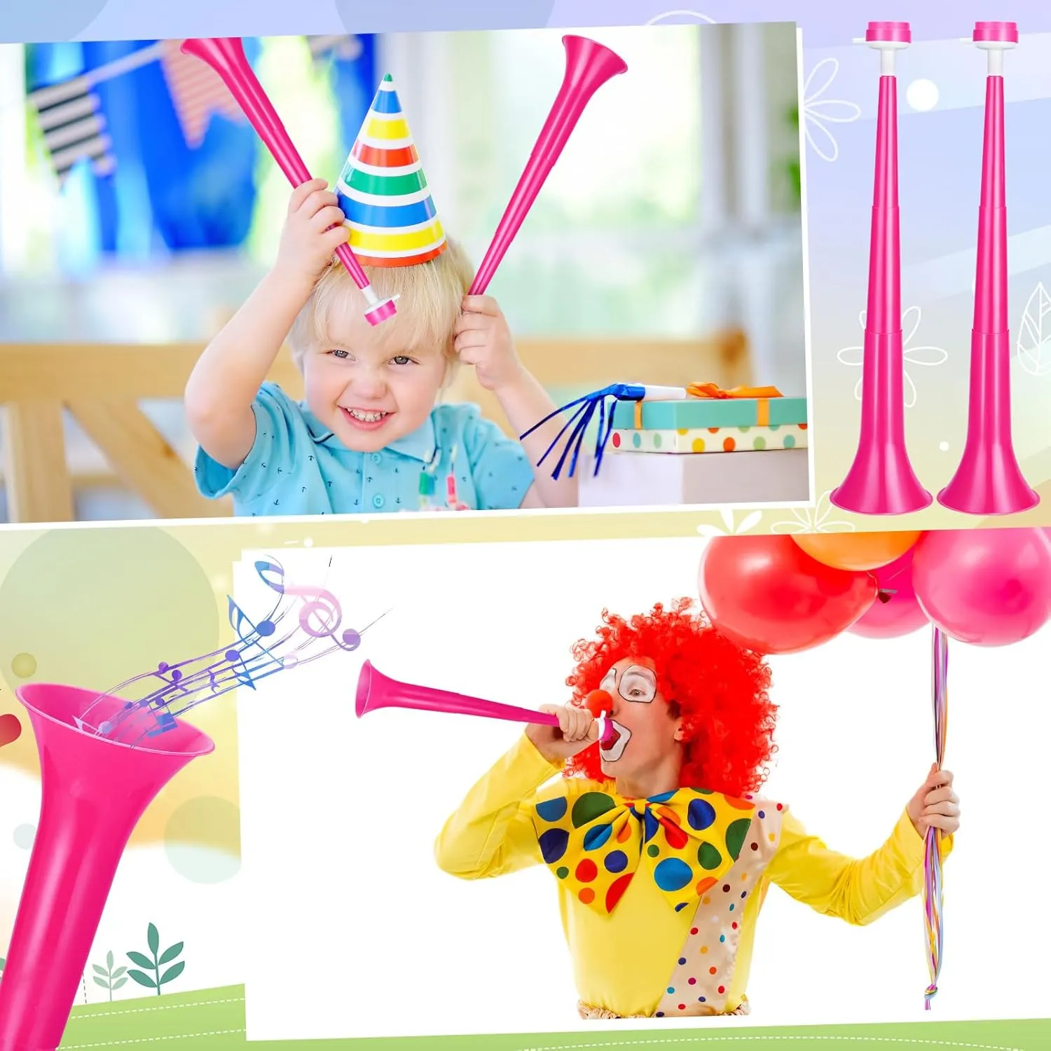 6 Pcs Stadium Horn 21 Inch Vuvuzela Plastic Collapsible Cheering Trumpets for Sporting Events Football Carnival Party Supplies, Pink