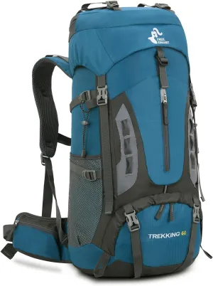 60L Hiking Camping Backpack with Rain Cover, Waterproof Large Capacity Outdoor Sport Travel Daypack Climbing Touring (Blue Green)