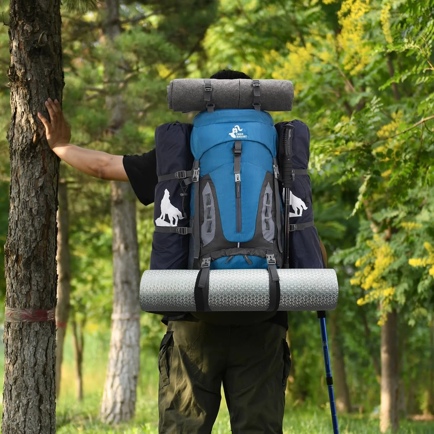 60L Hiking Camping Backpack with Rain Cover, Waterproof Large Capacity Outdoor Sport Travel Daypack Climbing Touring (Blue Green)