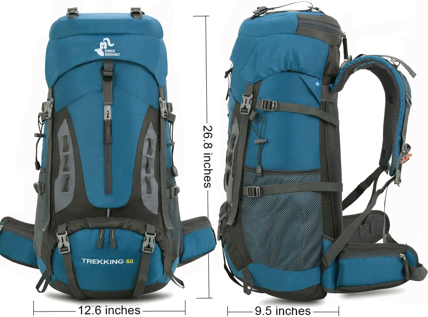 60L Hiking Camping Backpack with Rain Cover, Waterproof Large Capacity Outdoor Sport Travel Daypack Climbing Touring (Blue Green)