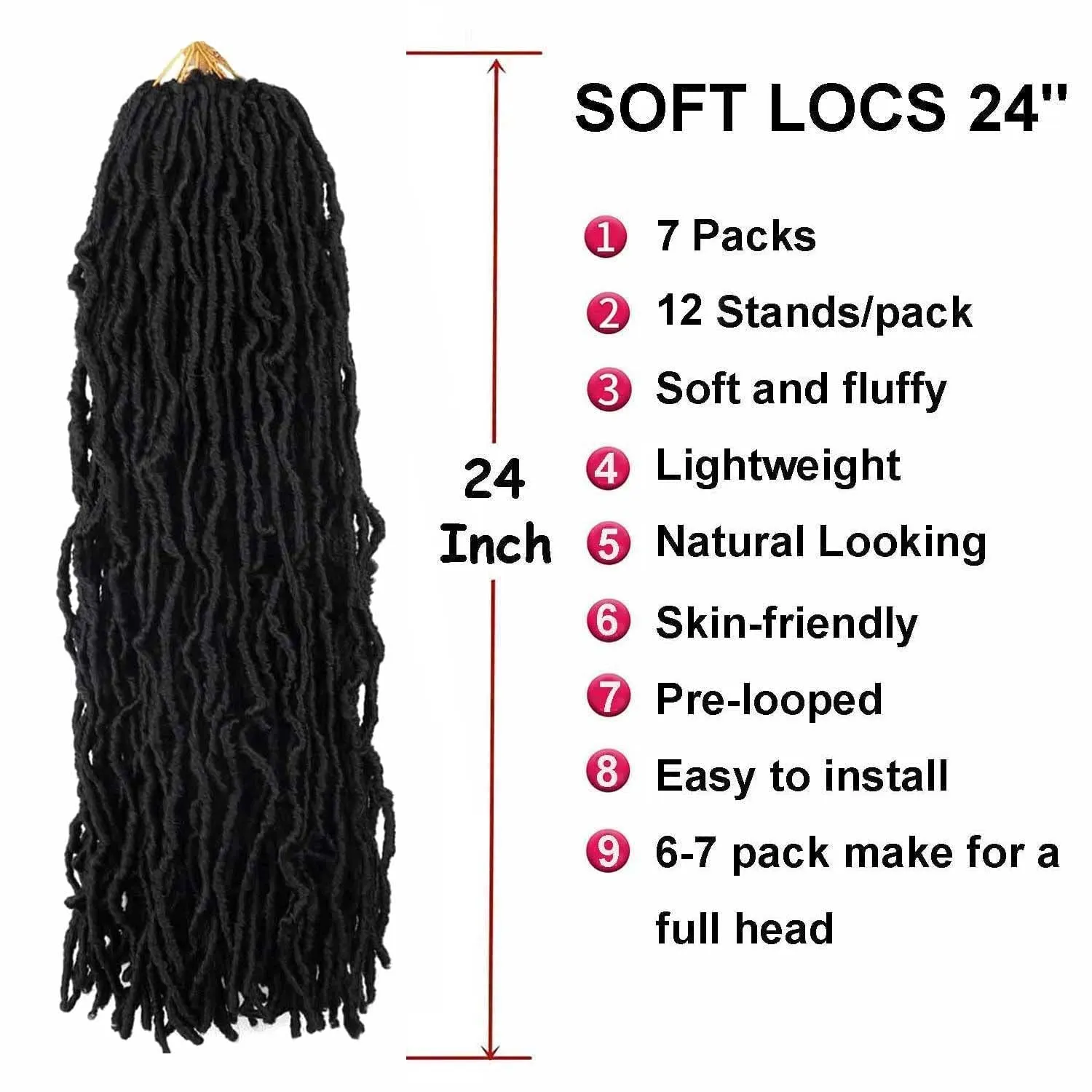 7 Packs 24 Inch Soft Locs Crochet Hair Pre Looped Curly Wavy Faux Locs Crochet Braids for Natural Butterfly Crochet Hair for Black Women (24 inch(pack of 7), 1B)
