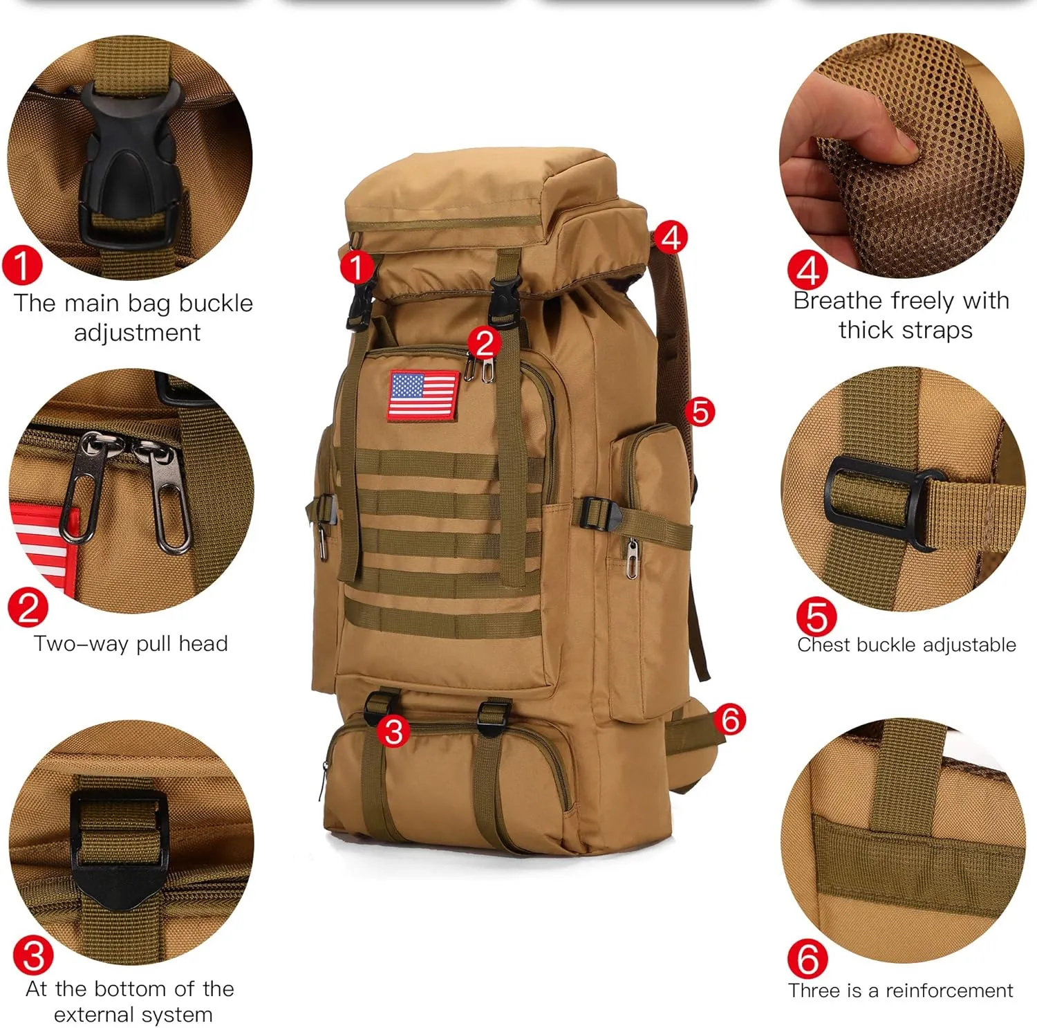 70l Hiking Backpack for Men Waterproof Military Camping Rucksack Travel Daypack