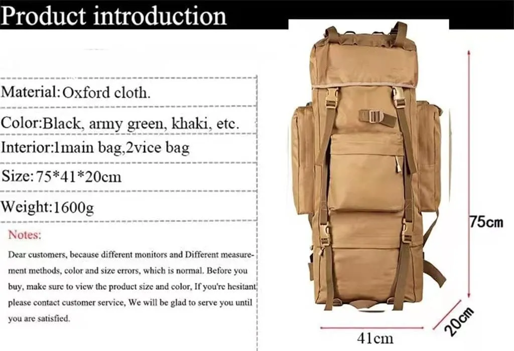 70L Large Capacity Camping Hiking Backpack, 600D Waterproof Outdoor Mountaineering Bag,Men and Women Travel Bags